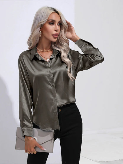 FashionSierra - Loose Button Up Imitation Silk Long Sleeve Satin Women's Blouse