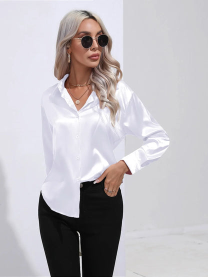 FashionSierra - Loose Button Up Imitation Silk Long Sleeve Satin Women's Blouse