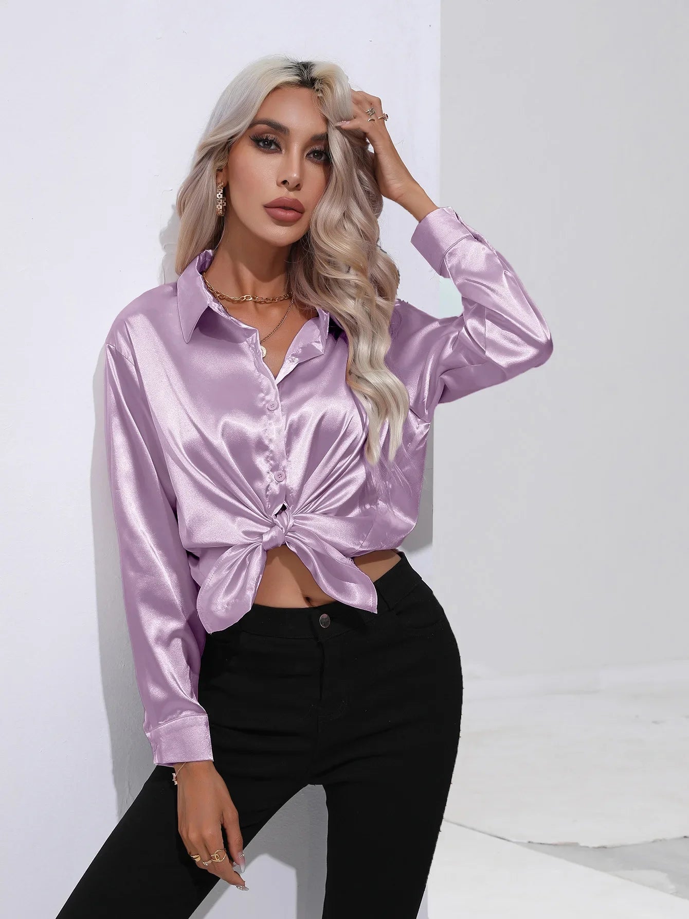 FashionSierra - Loose Button Up Imitation Silk Long Sleeve Satin Women's Blouse