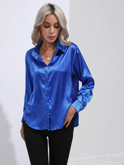 FashionSierra - Loose Button Up Imitation Silk Long Sleeve Satin Women's Blouse