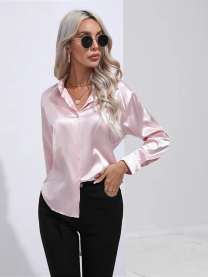 FashionSierra - Loose Button Up Imitation Silk Long Sleeve Satin Women's Blouse