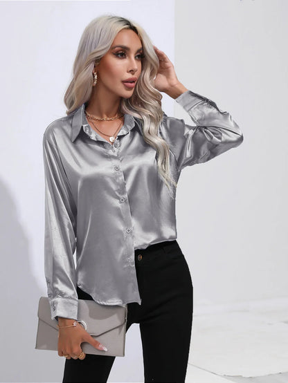 FashionSierra - Loose Button Up Imitation Silk Long Sleeve Satin Women's Blouse