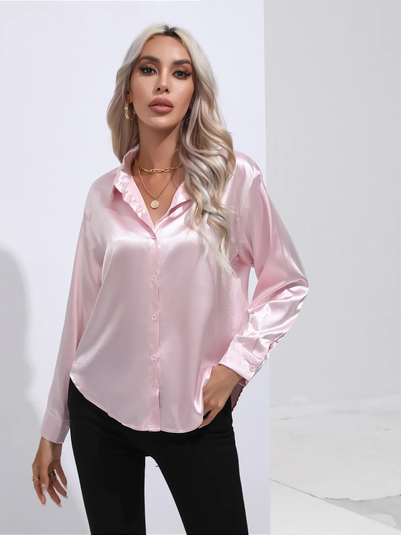 FashionSierra - Loose Button Up Imitation Silk Long Sleeve Satin Women's Blouse