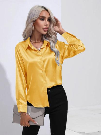 FashionSierra - Loose Button Up Imitation Silk Long Sleeve Satin Women's Blouse