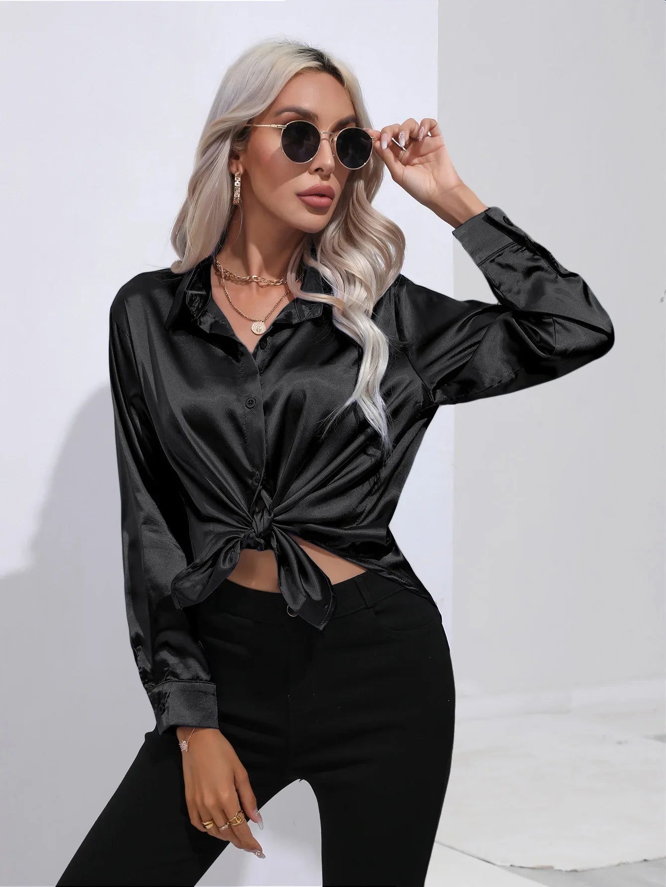 FashionSierra - Loose Button Up Imitation Silk Long Sleeve Satin Women's Blouse