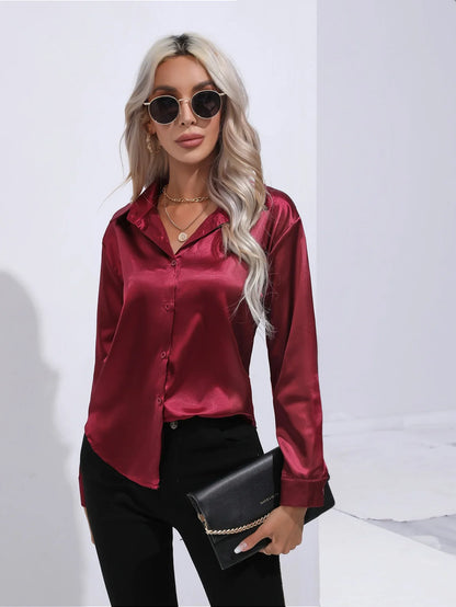 FashionSierra - Loose Button Up Imitation Silk Long Sleeve Satin Women's Blouse