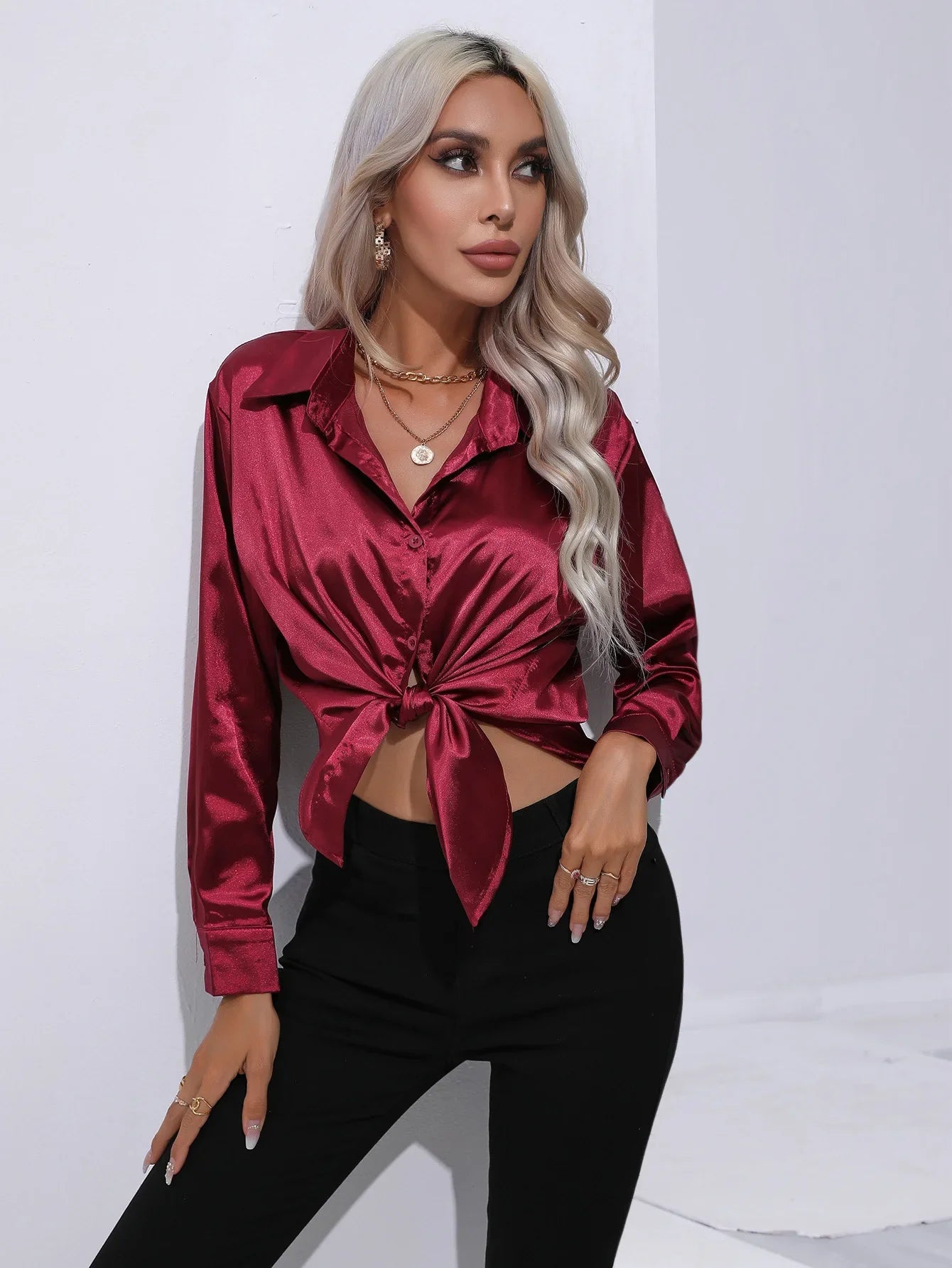 FashionSierra - Loose Button Up Imitation Silk Long Sleeve Satin Women's Blouse