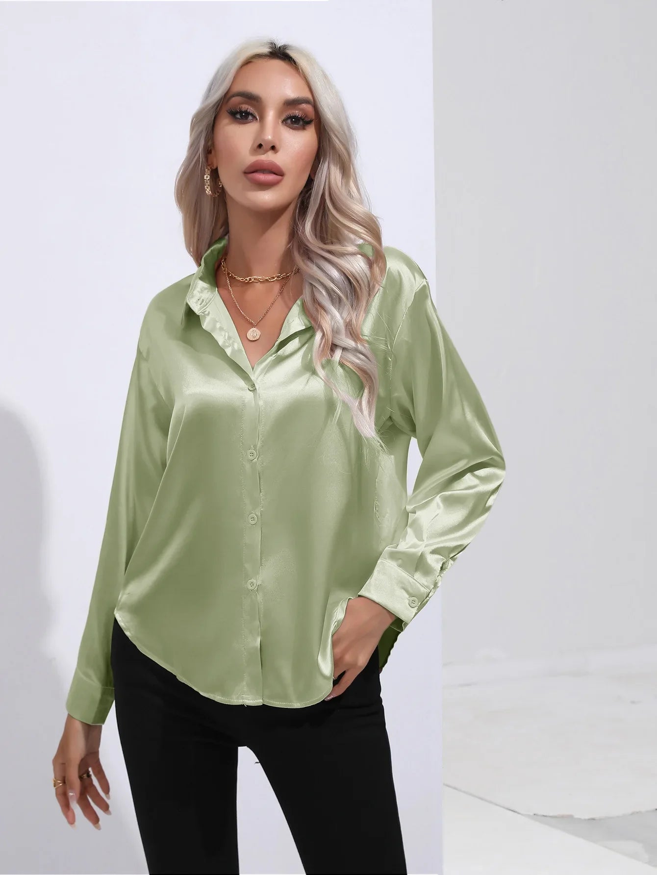 FashionSierra - Loose Button Up Imitation Silk Long Sleeve Satin Women's Blouse