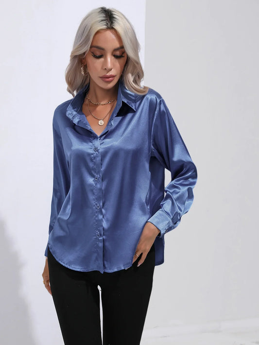 FashionSierra - Loose Button Up Imitation Silk Long Sleeve Satin Women's Blouse