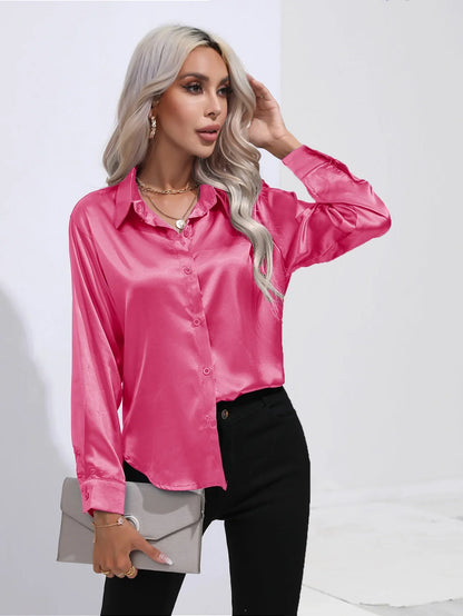 FashionSierra - Loose Button Up Imitation Silk Long Sleeve Satin Women's Blouse