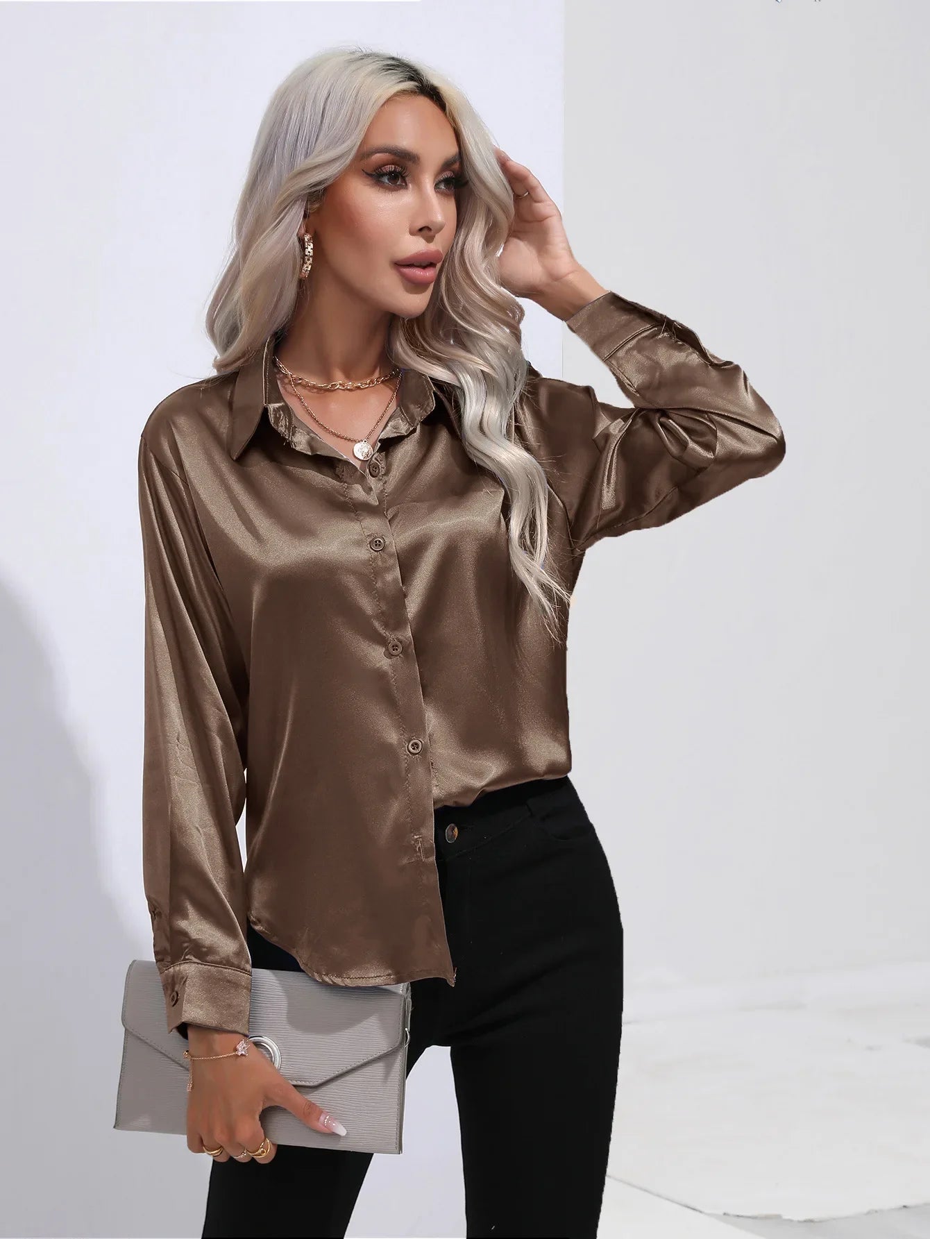 FashionSierra - Loose Button Up Imitation Silk Long Sleeve Satin Women's Blouse