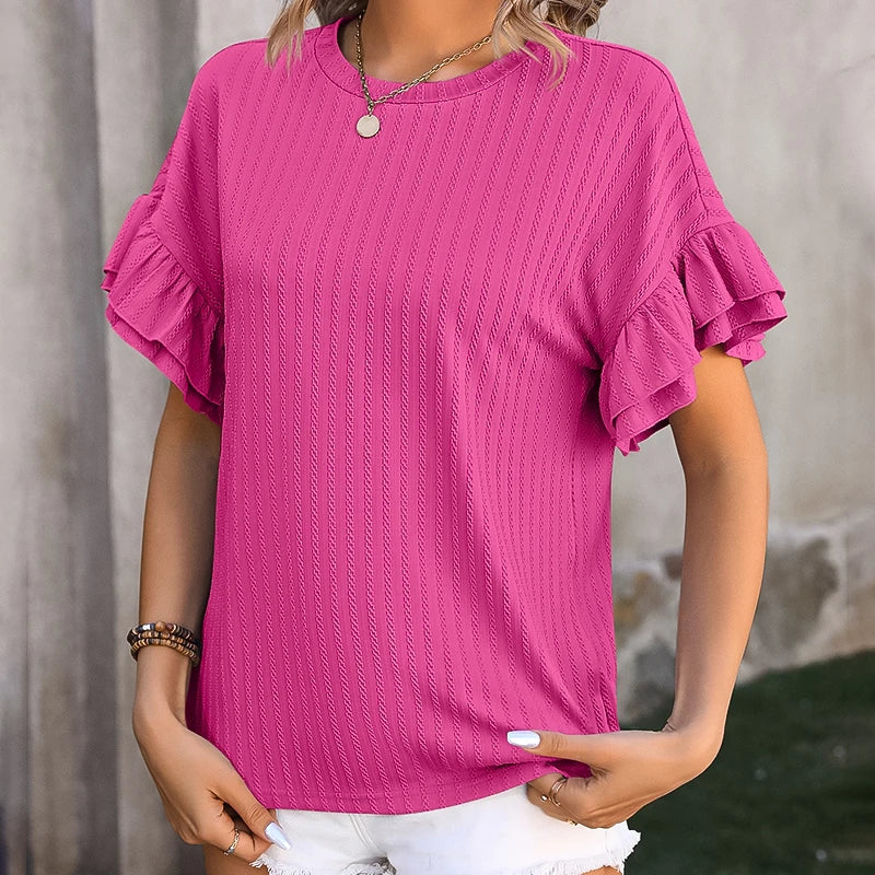 Spring Fashion New T-Shirt Ruffle Short Sleeve O Neck Casual Blouse