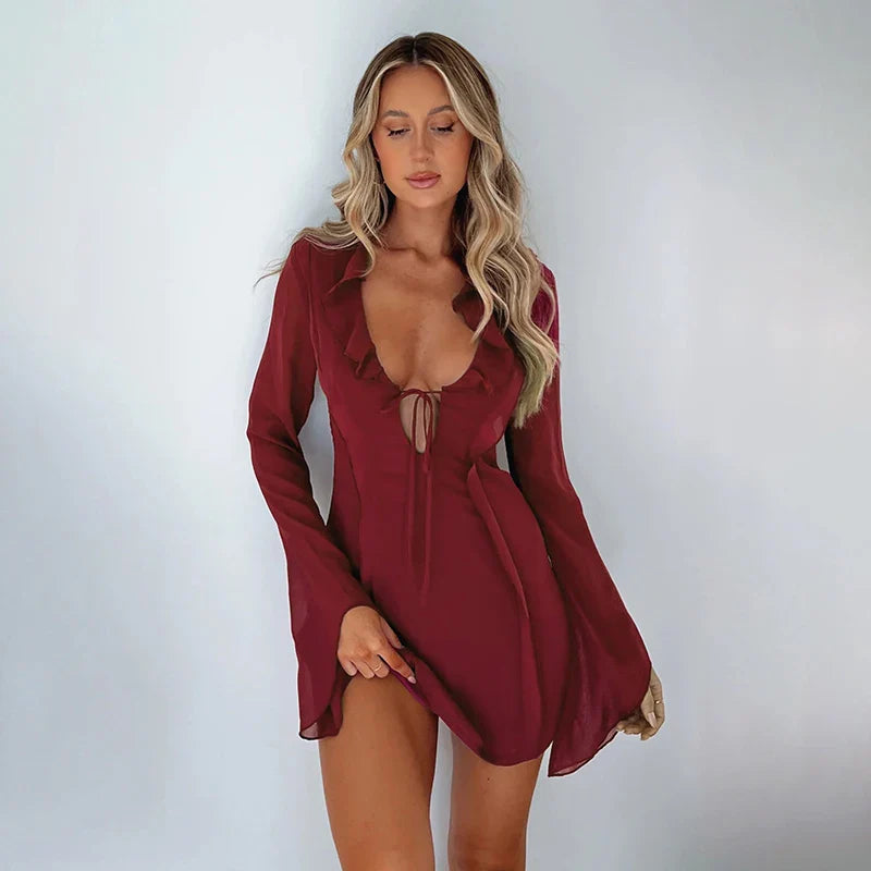 FashionSierra - Spring/Summer Leisure Women Bandage Ruffles Slim 2024 New Sexy Long Sleeve Evening Party Club Mini Dress