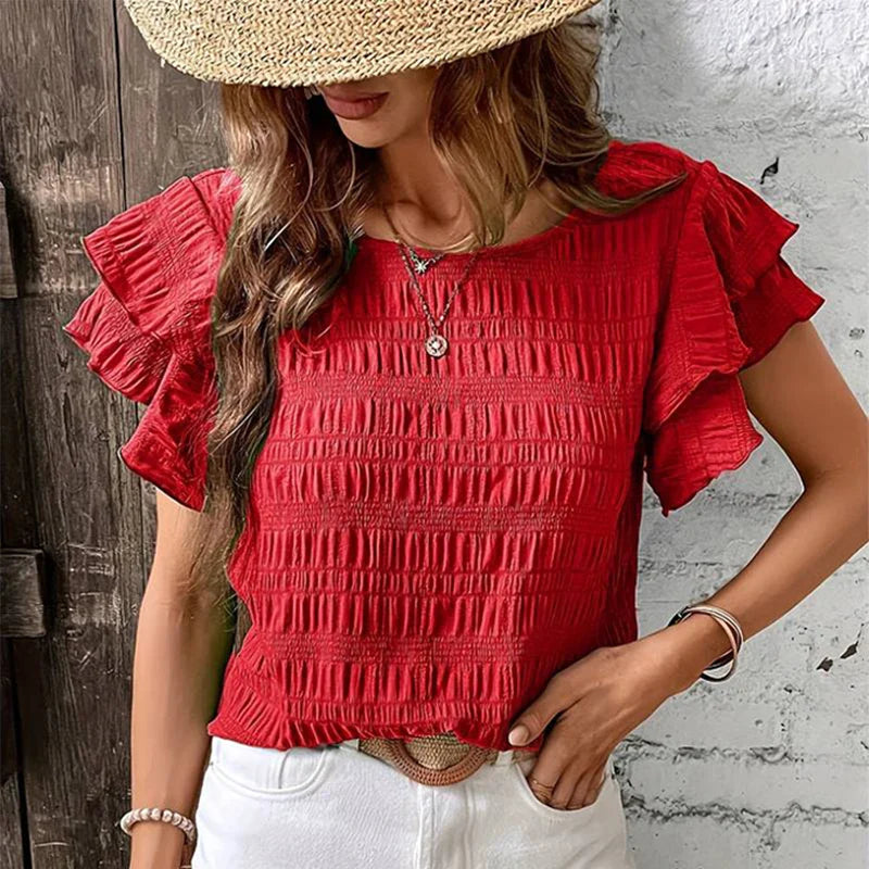 Spring New O-Neck Butterfly Ruffle Short Sleeve Casual Tee Blouse