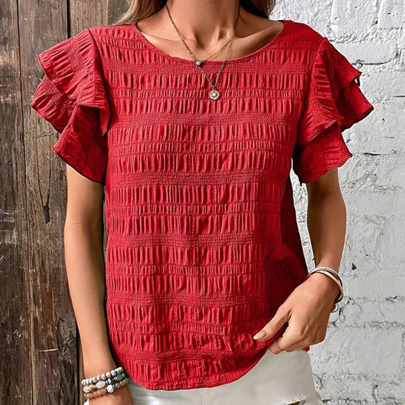 Spring New O-Neck Butterfly Ruffle Short Sleeve Casual Tee Blouse