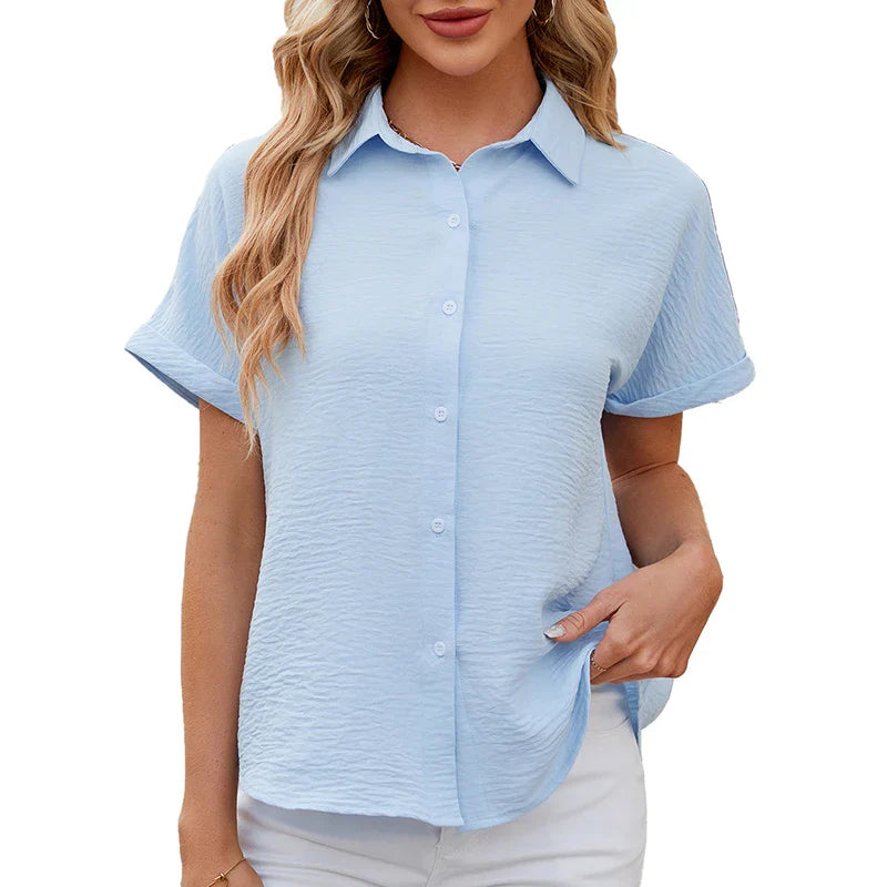 Spring Summer Basic Casual Solid Short Sleeve Button Women's Blouses