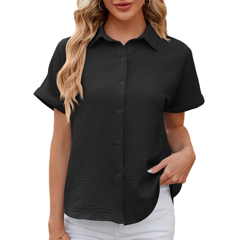 Spring Summer Basic Casual Solid Short Sleeve Button Women's Blouses