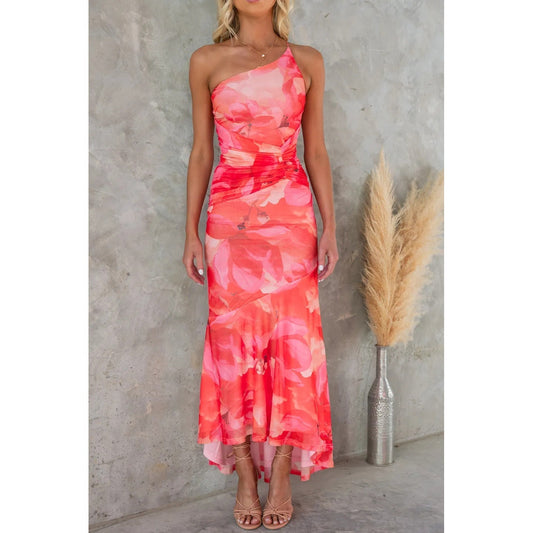 Oblique Shoulder Printing Elastic Lining Dress Casual