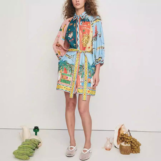 Printed 3/4 Sleeves Lace up Dress Casual Loose