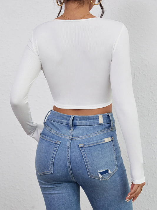 FashionSierra - Cropped Casual Long Sleeve Solid Crop Tops