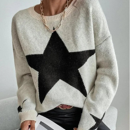 Star Pullover Women Autumn Spring Simple Knit Elastic Casual Thick Warm Sweater