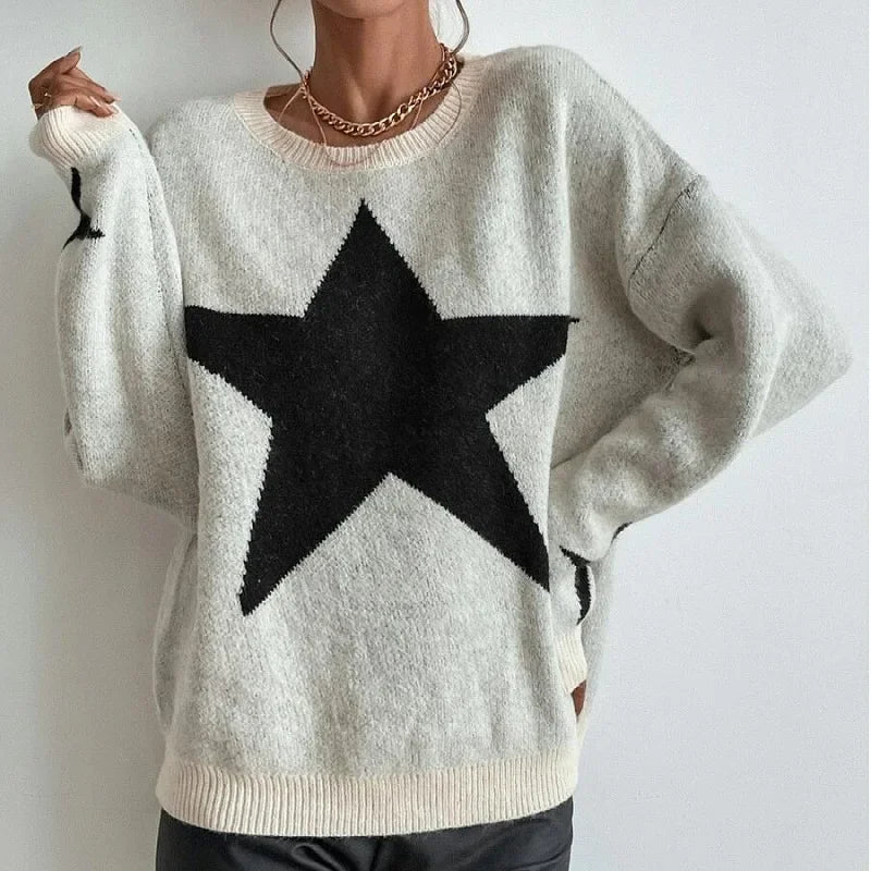 Star Pullover Women Autumn Spring Simple Knit Elastic Casual Thick Warm Sweater