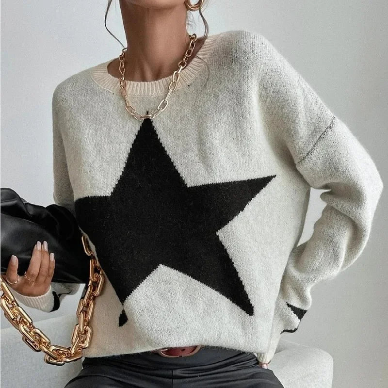 Star Pullover Women Autumn Spring Simple Knit Elastic Casual Thick Warm Sweater