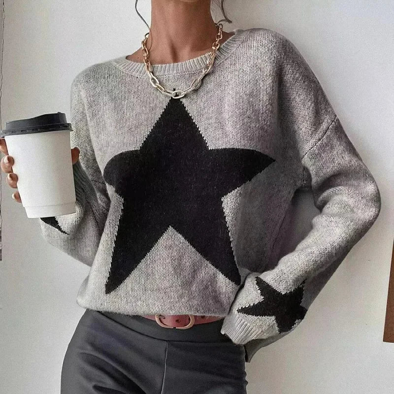 Star Pullover Women Autumn Spring Simple Knit Elastic Casual Thick Warm Sweater