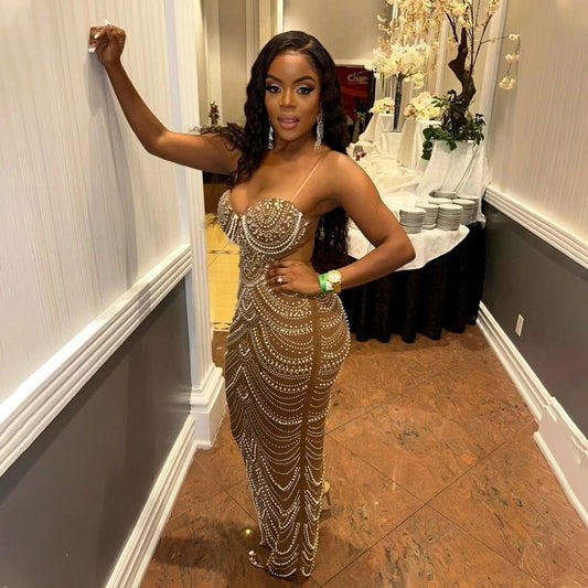 Strap Rhinestone Bubble Ball Evening Dress Maxi Dress for