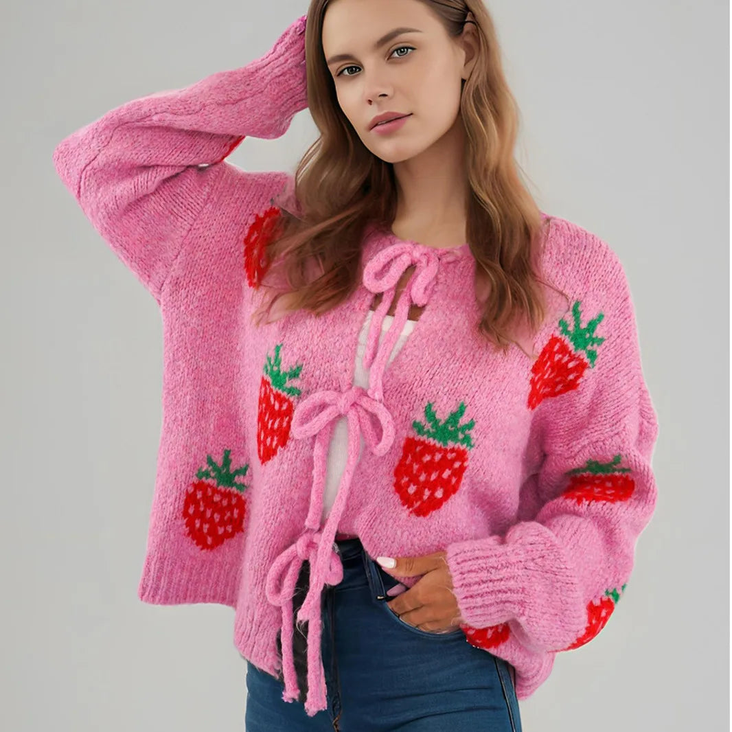 Embroidery Heart Lace-Up Cardigan Cardigan-241208