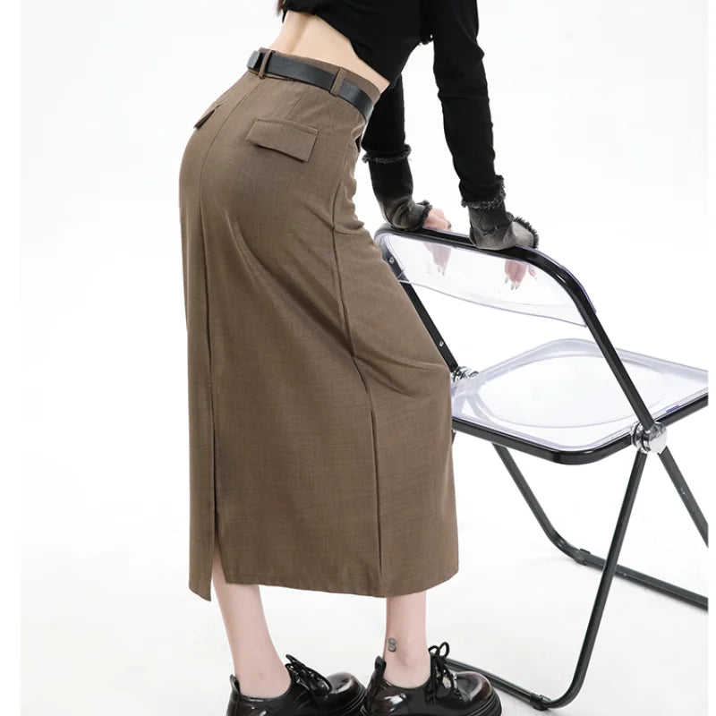 FashionSierra - Womens 2024 New Spring Summer High Waist Straight Ladies Back Slit Mid-length Skirt