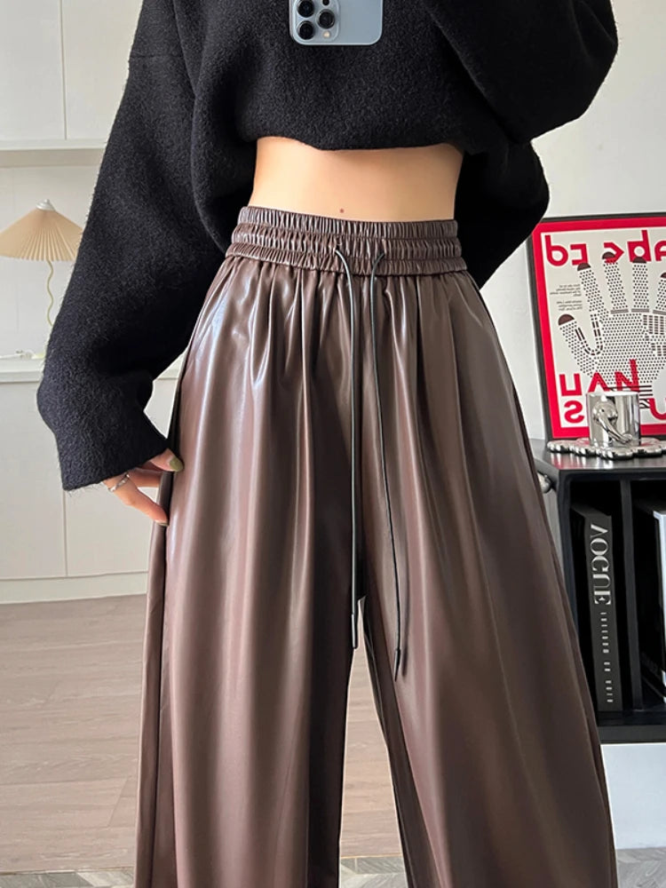 Retro High Waist Wide Leg Drawstring Matte PU Leather Bottom