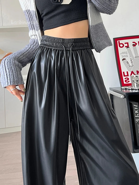 Retro High Waist Wide Leg Drawstring Matte PU Leather Bottom