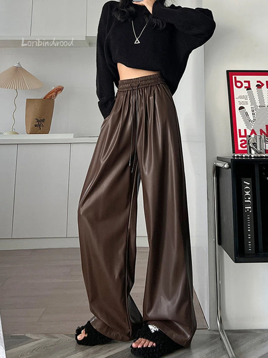 Retro High Waist Wide Leg Drawstring Matte PU Leather Bottom