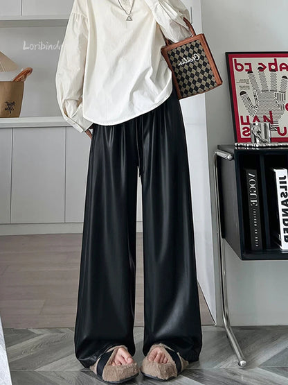 Retro High Waist Wide Leg Drawstring Matte PU Leather Bottom