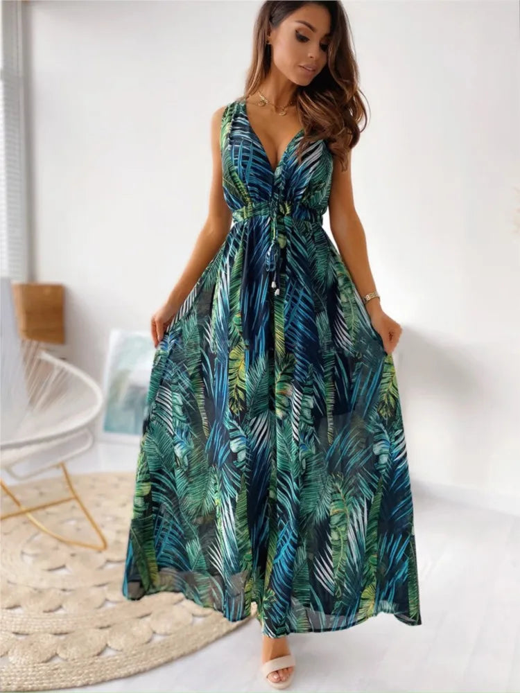 FashionSierra - 2024 Elegant Summer Holiday Deep V-Neck Boho Dress