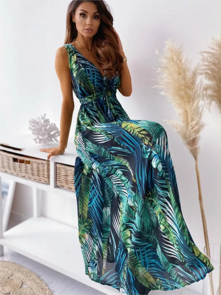 FashionSierra - 2024 Elegant Summer Holiday Deep V-Neck Boho Dress