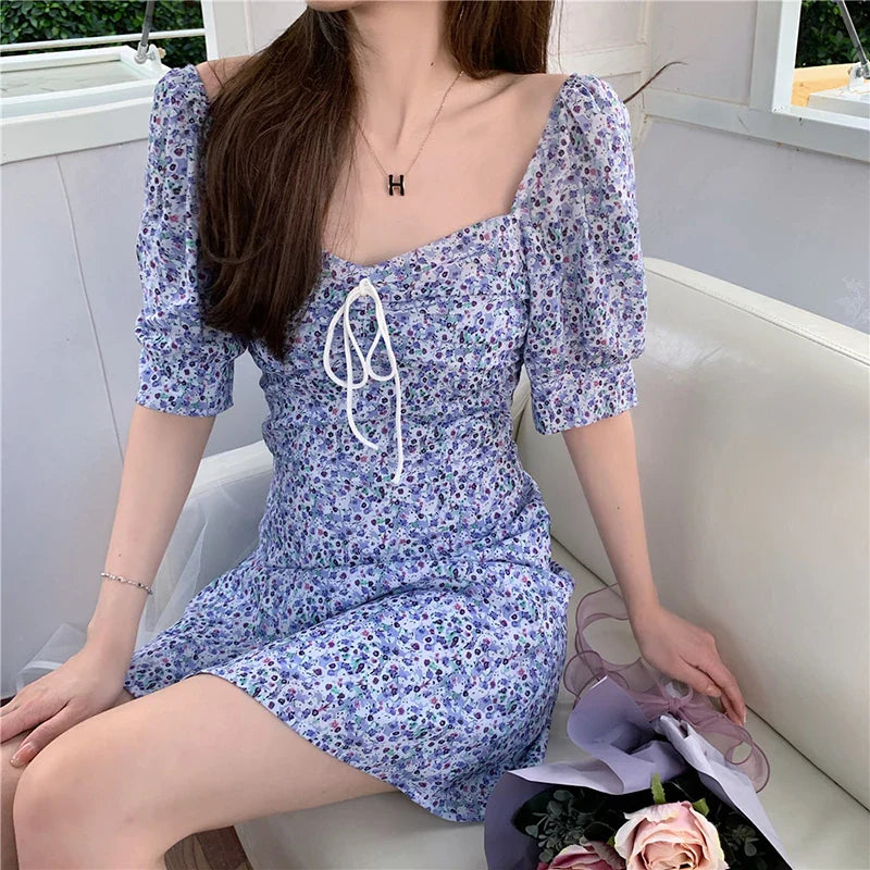 FashionSierra - Summer Retro Boho Women Tie Neck Floral Print Floral White Elegant Puff Sleeve Korean Vestidos Mini Dress