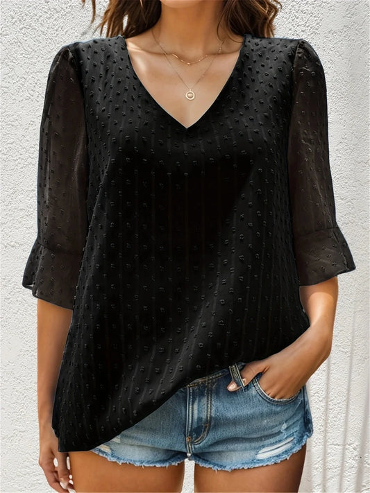 FashionSierra - Summer Basic Fashion Casual V Neck Half Sleeve Ladies Solid Color Blouse