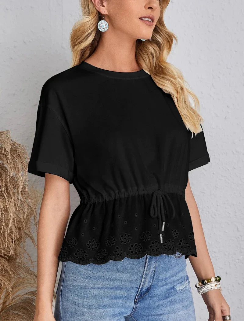 FashionSierra - Summer Basic Black Color Knitted O Neck Short Sleeve Top Blouse