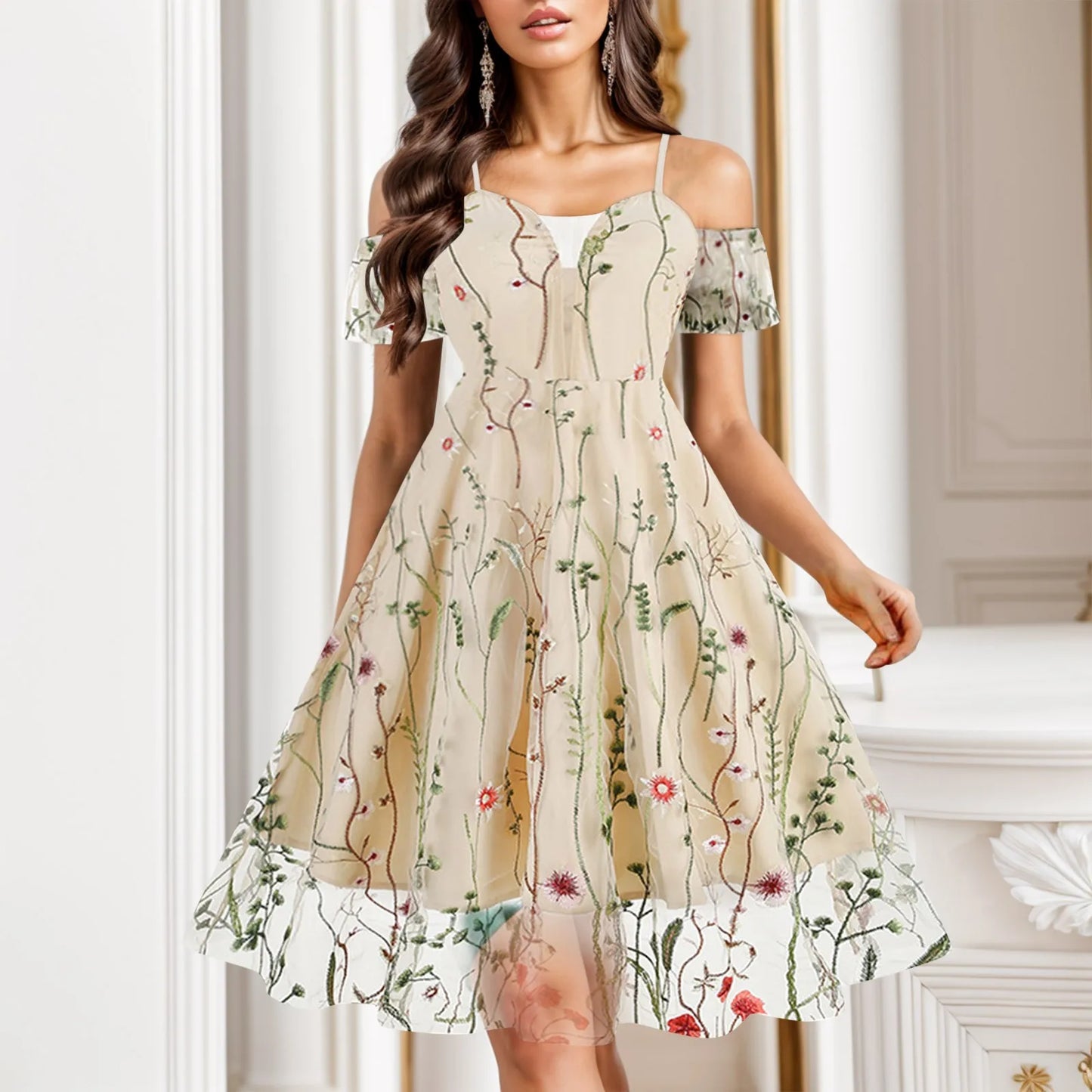 FashionSierra - Summer Floral Embroidery Mesh Patchwork Off Shoulder Spaghetti Strap A-Line Midi Dress