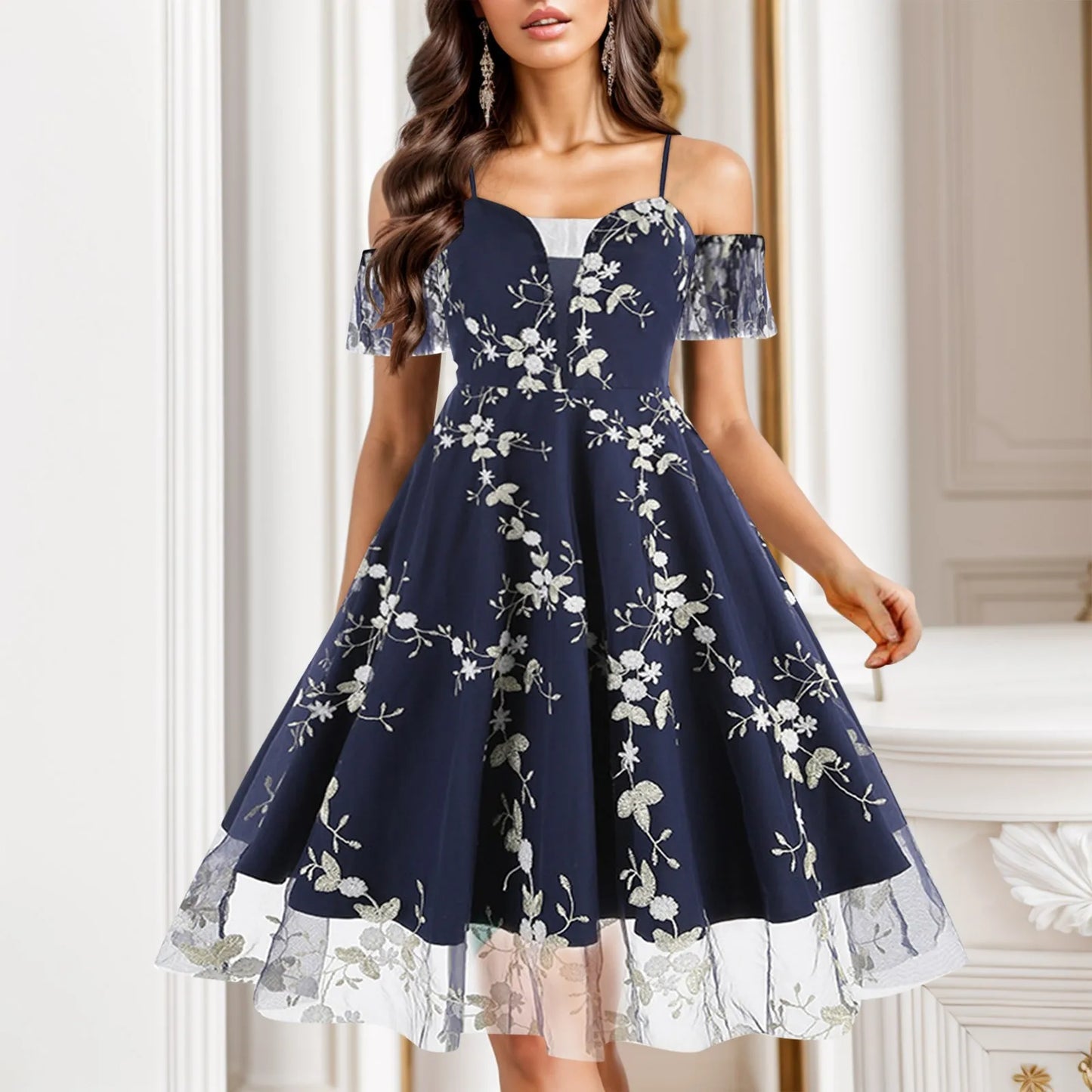 FashionSierra - Summer Floral Embroidery Mesh Patchwork Off Shoulder Spaghetti Strap A-Line Midi Dress