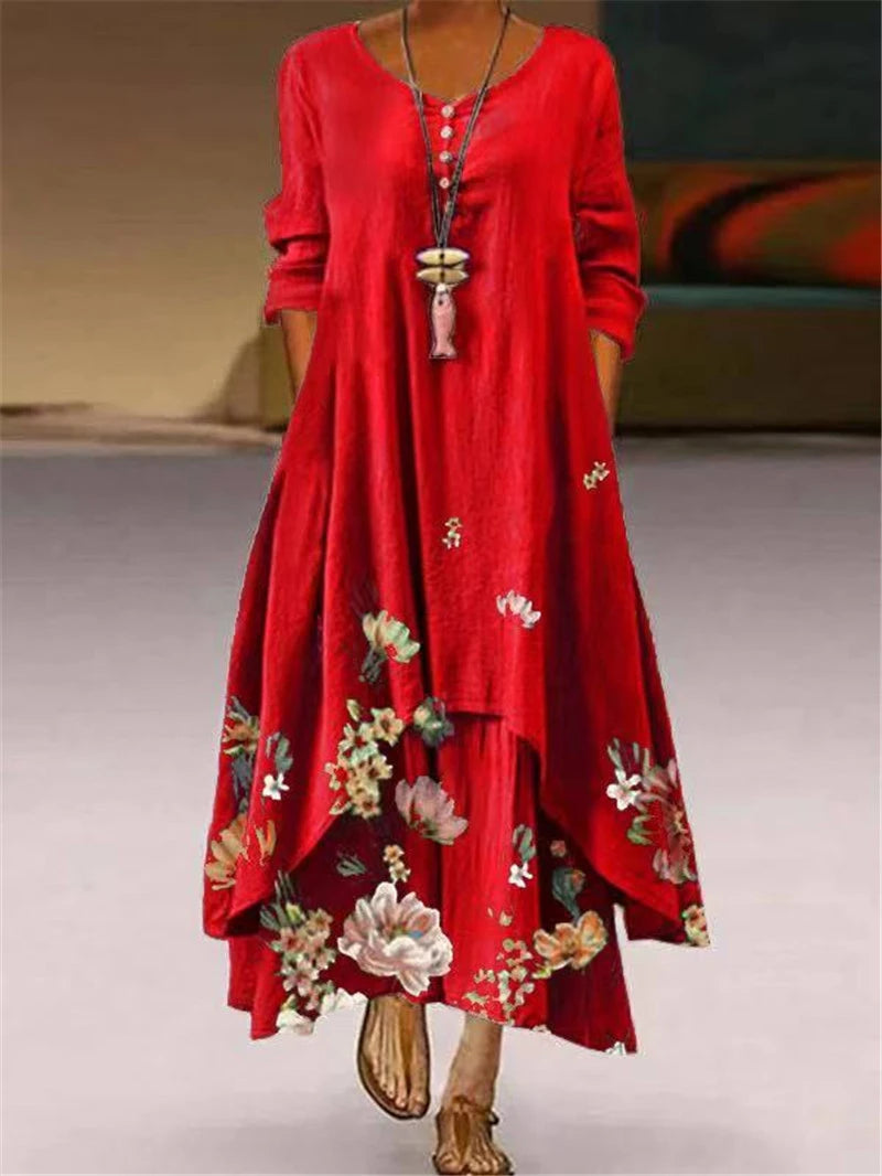 FashionSierra - 2024 Summer Floral Print Long Sleeve Maxi Boho Dress