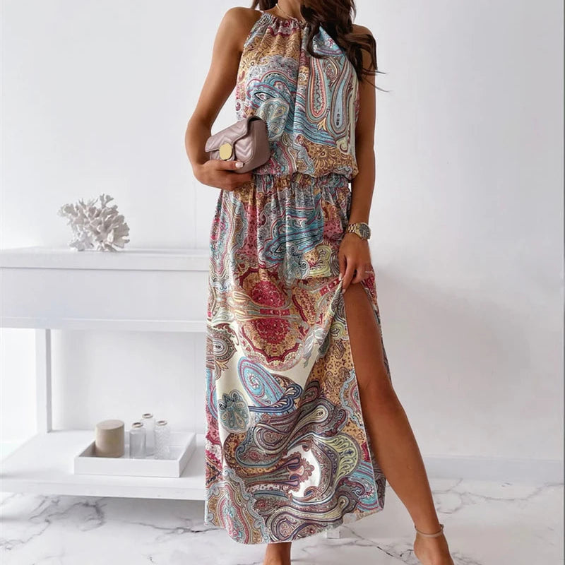 FashionSierra - 2024 Sexy Waist Slit Female Casual Beach Sundress Boho Dress