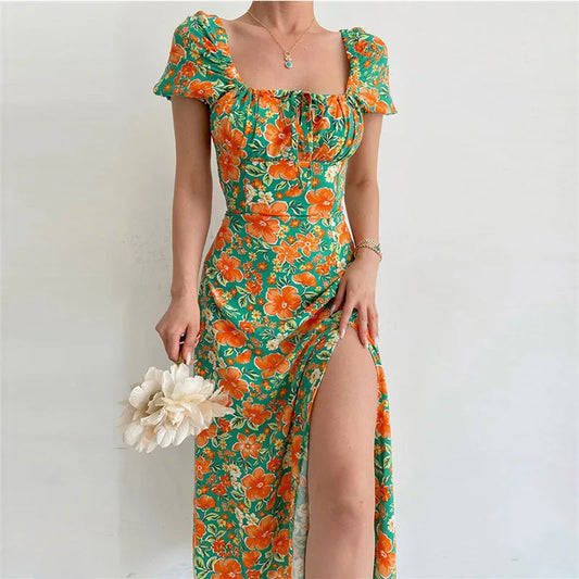 FashionSierra - 2024 Off Shoulder Square Neck Floral Bodycon Boho Dress