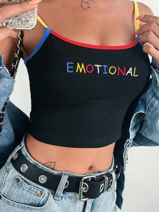 FashionSierra - Summer Cropped Spaghetti Strap Letter Embroidery Tank Crop Tops