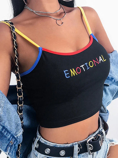 FashionSierra - Summer Cropped Spaghetti Strap Letter Embroidery Tank Crop Tops