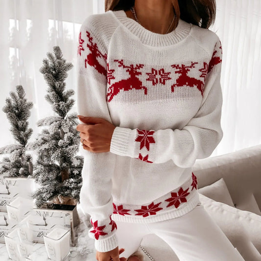 Knitted Round Neck Casual Long Sleeve Christmas Deer Jumper Sweater White / S Sweaters-L