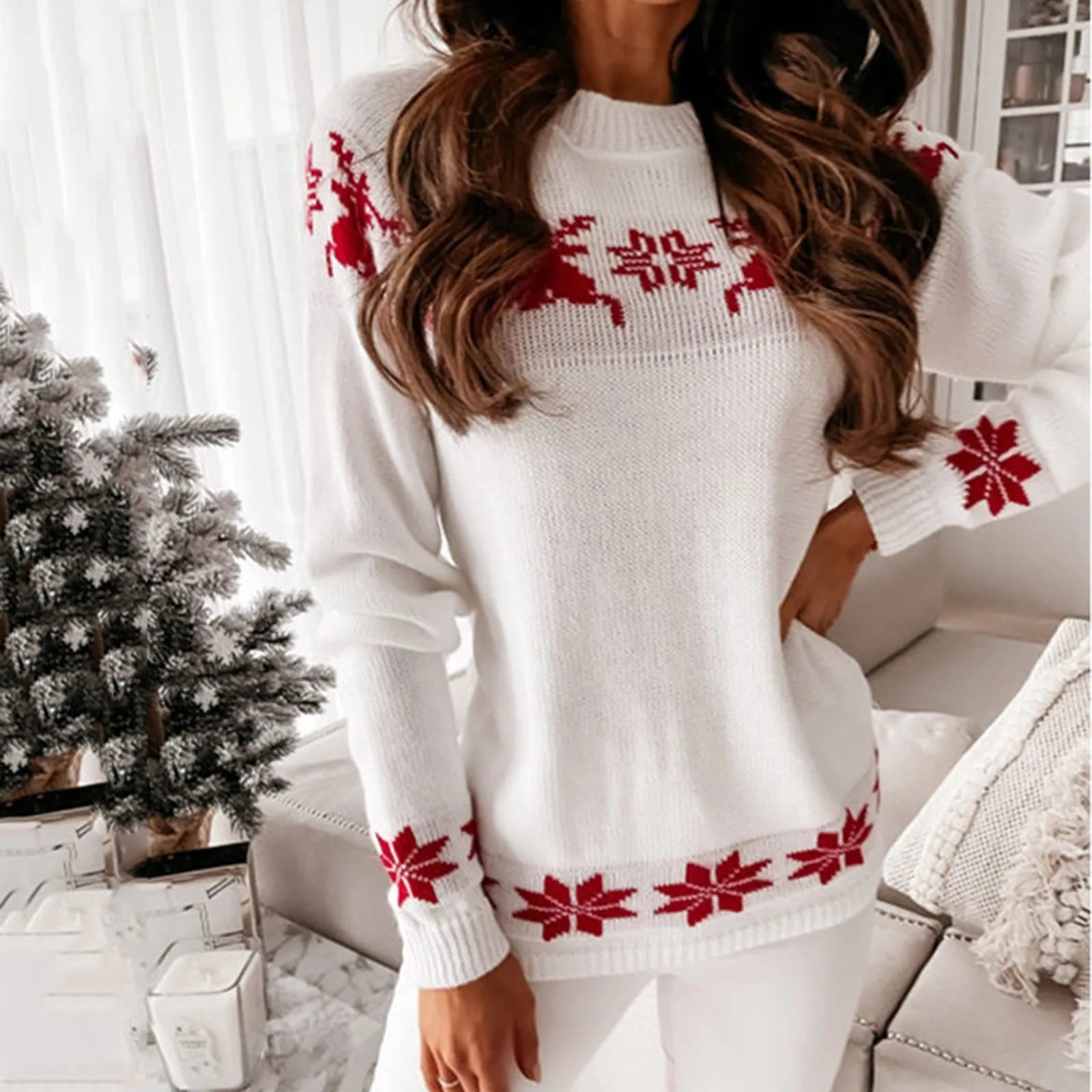 Knitted Round Neck Casual Long Sleeve Christmas Deer Jumper Sweater Sweaters-L