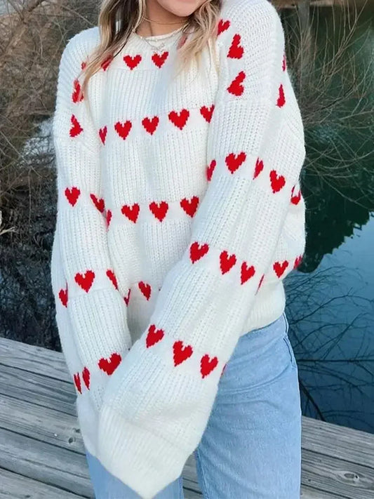 Sweet Heart Printed O Neck For Women Thick Warm Lantern Long Sleeved Sweater